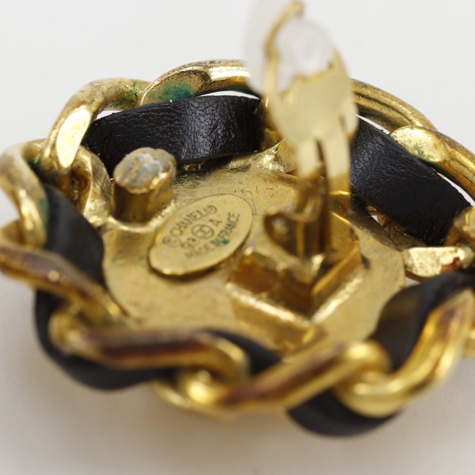 Chanel CC Logo Vintage Gold Plated Leather Earrings — view 5