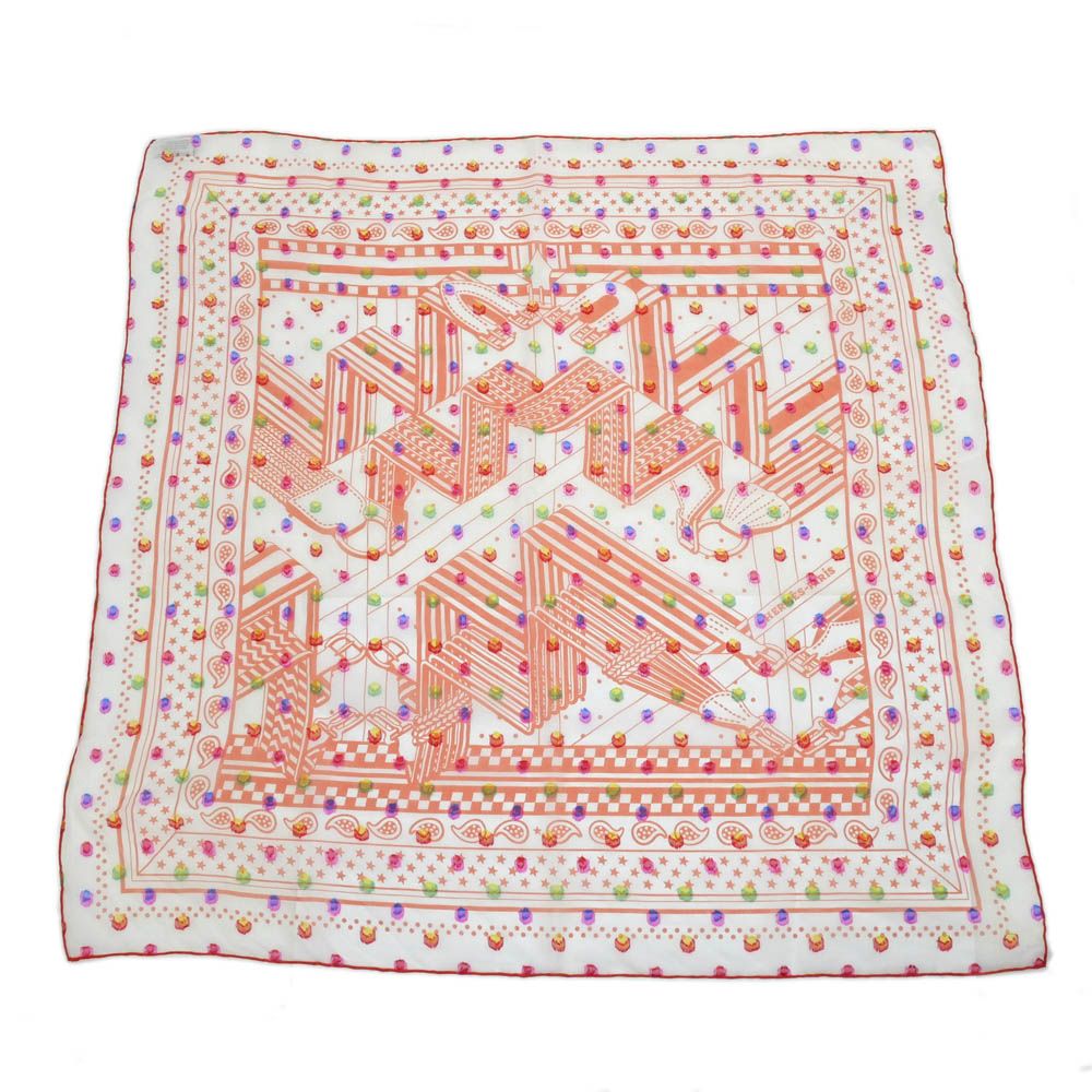 Hermes Carre 60 Zigzag Sangles Rainbow Dot Orange Bandana Scarf Sheer Muslin