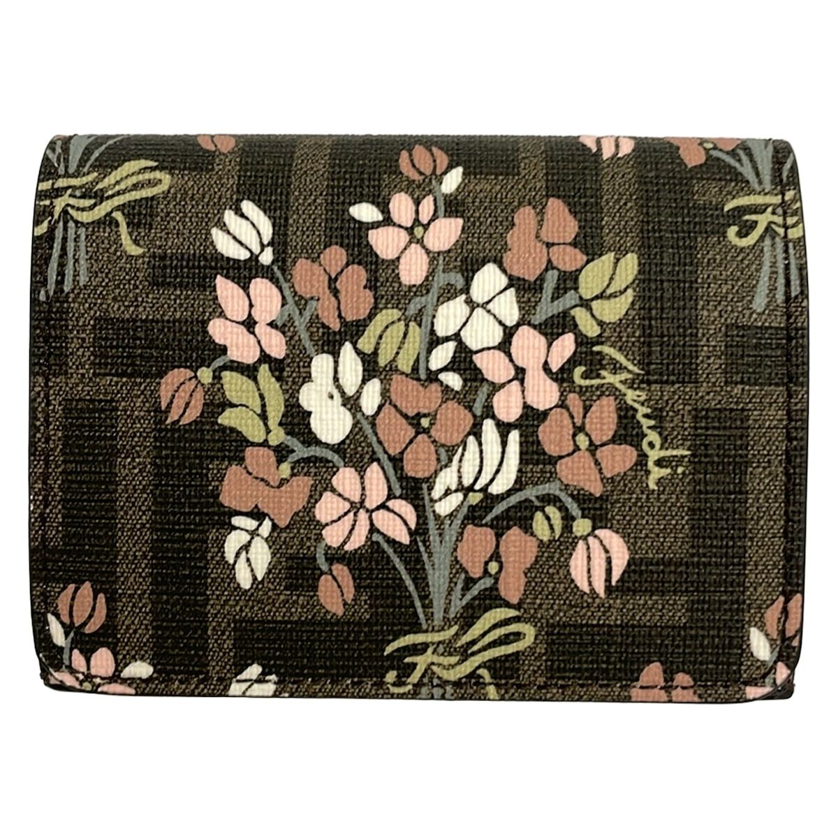 Fendi Trifold Wallet Zucca Pattern Brown Light Pink Multi Floral