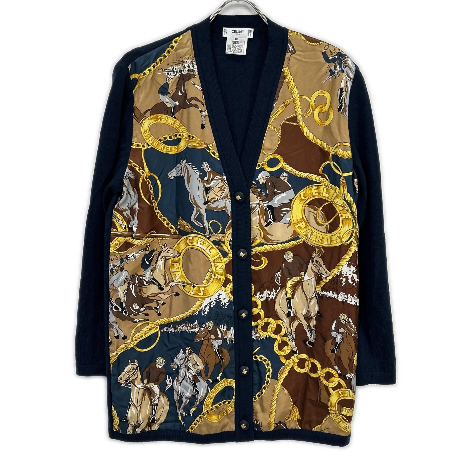 Celine Navy Vintage Scarf Pattern Silk Cardigan 40