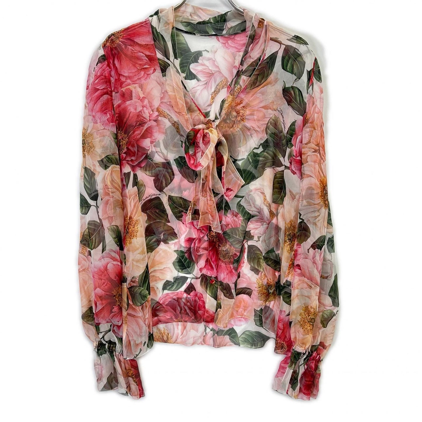 Dolce & Gabbana Silk Chiffon Flower Print Ribbon Tie Blouse 46