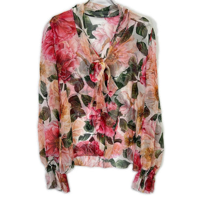 Dolce & Gabbana Silk Chiffon Flower Print Ribbon Tie Blouse 46
