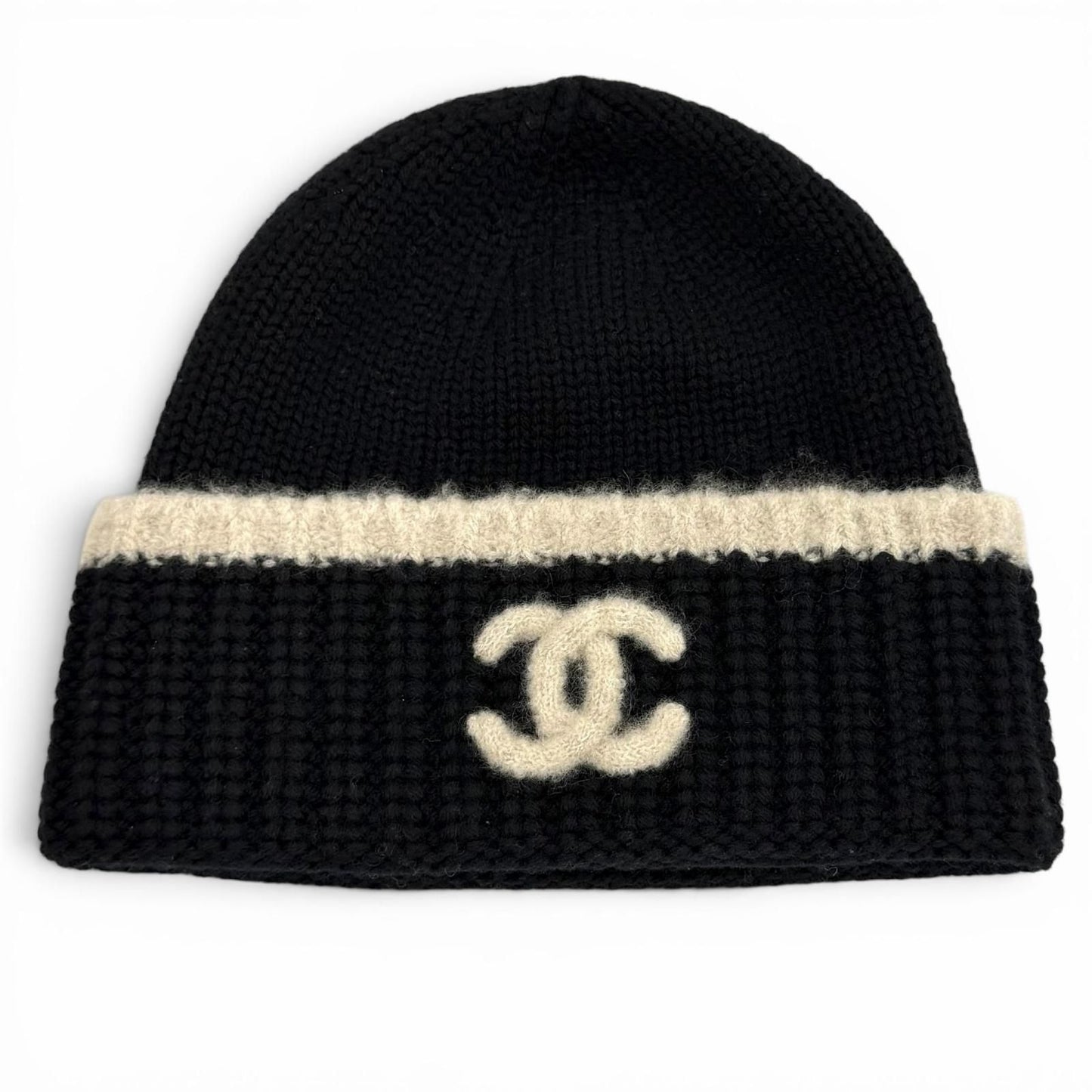 Chanel Wool Cashmere Blend CC Logo Knit Cap Beanie Hat Black Beige