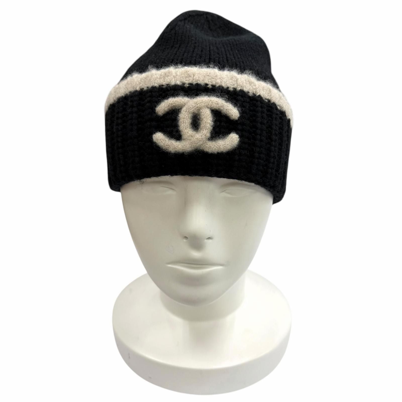 Chanel Wool Cashmere Blend CC Logo Knit Cap Beanie Hat Black Beige — view 3
