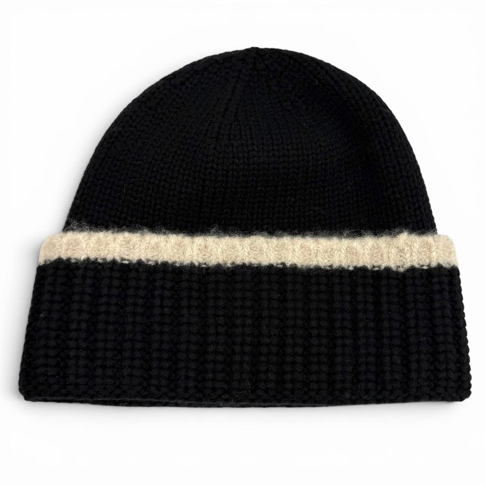 Chanel Wool Cashmere Blend CC Logo Knit Cap Beanie Hat Black Beige — view 2