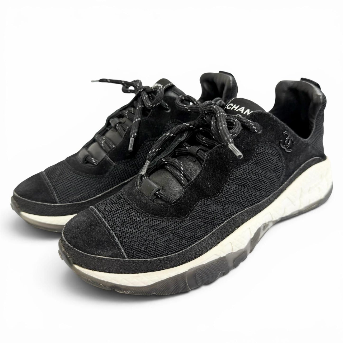 Chanel CC Logo Quilted Sole Suede Leather Sneakers Black White