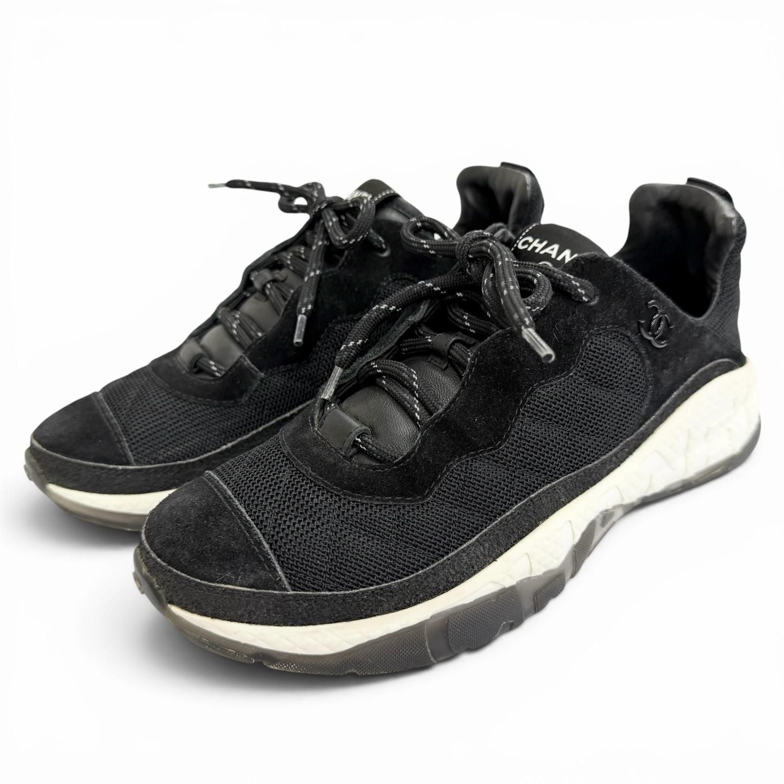 Chanel CC Logo Quilted Sole Suede Leather Sneakers Black White