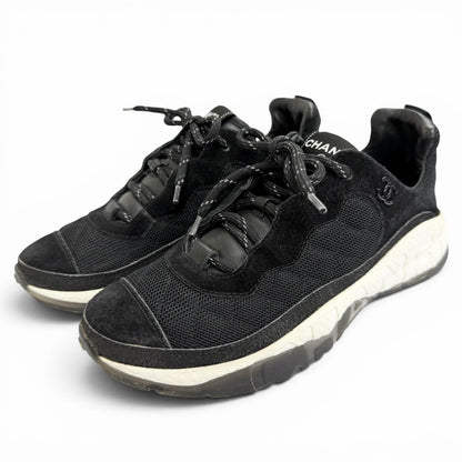 Chanel CC Logo Quilted Sole Suede Leather Sneakers Black White