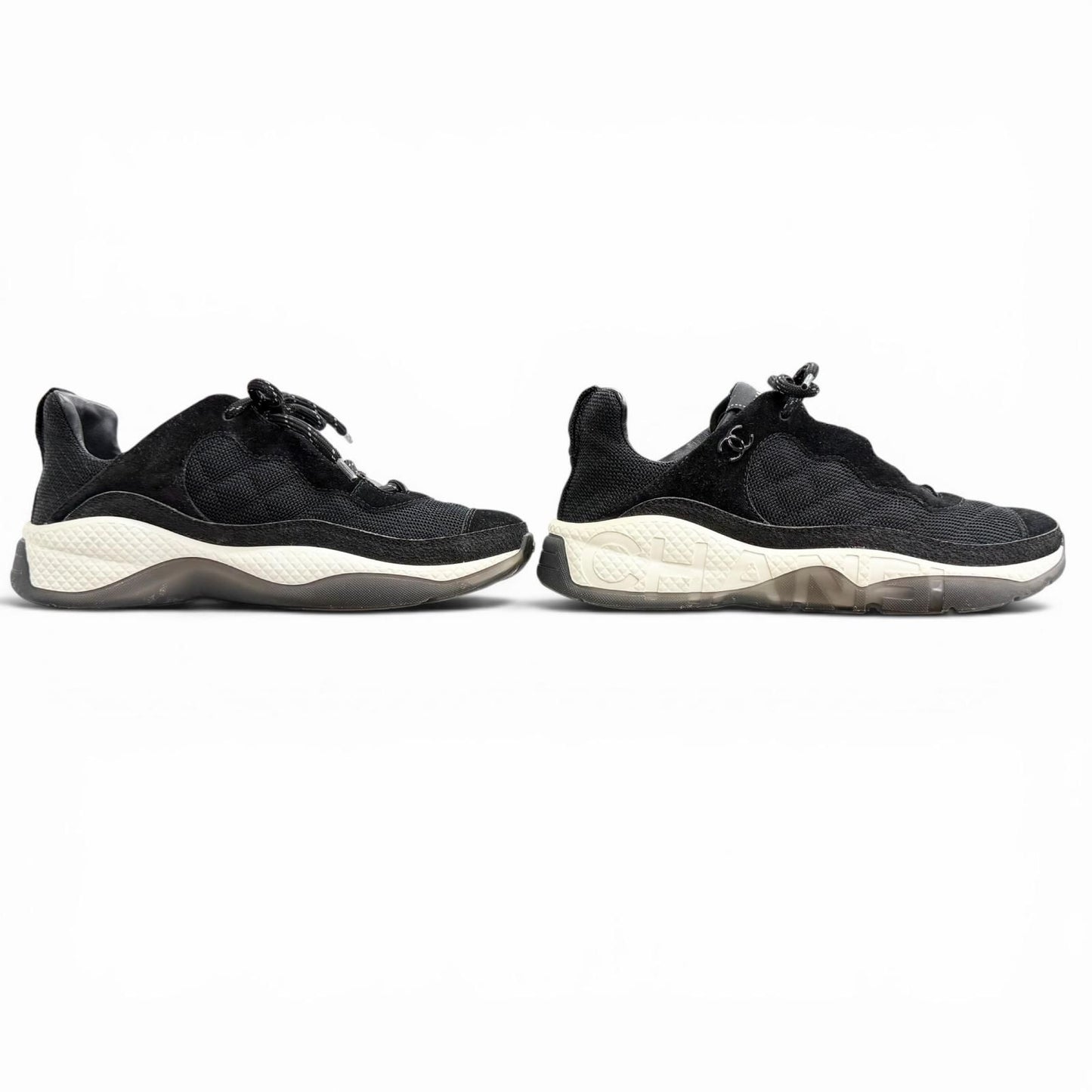 Chanel CC Logo Quilted Sole Suede Leather Sneakers Black White — view 3