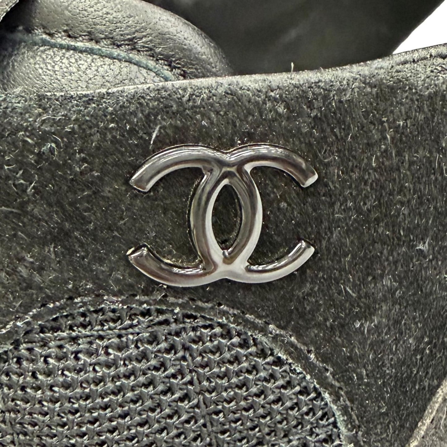 Chanel CC Logo Quilted Sole Suede Leather Sneakers Black White — view 7
