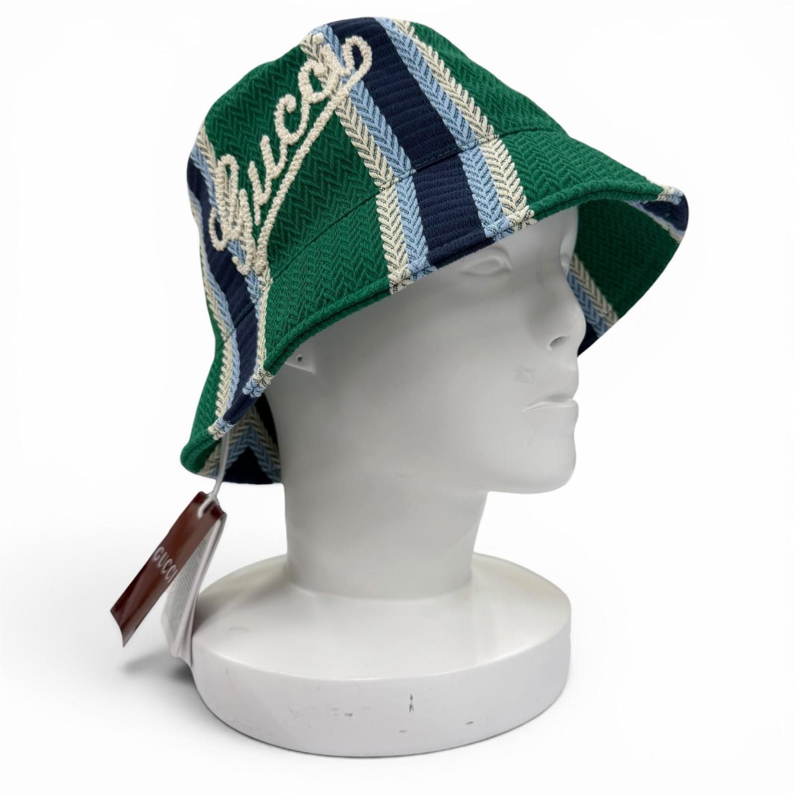 Gucci Cotton 100% Logo Embroidery Herringbone Pattern Bucket Hat Green