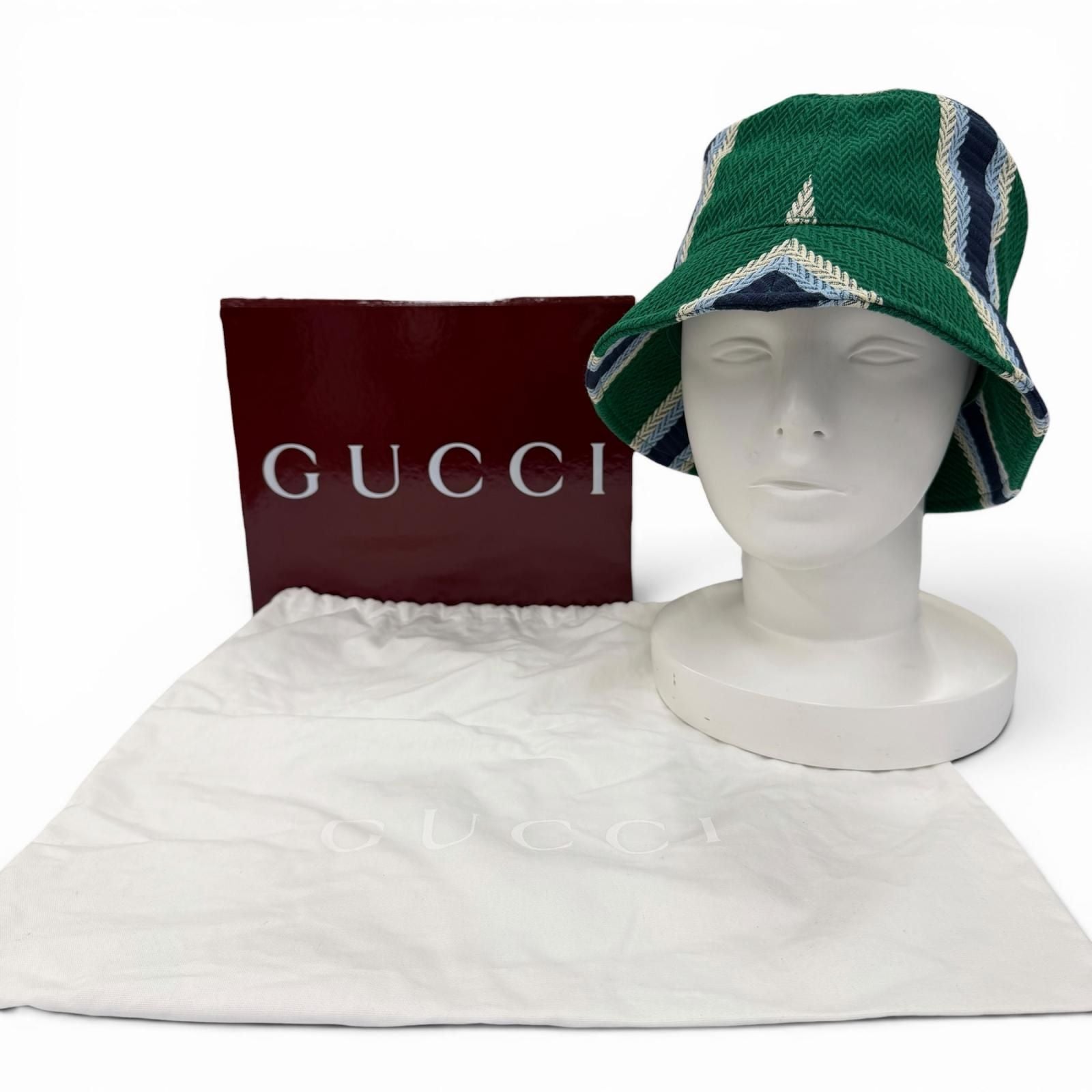 Gucci Cotton 100% Logo Embroidery Herringbone Pattern Bucket Hat Green — view 2