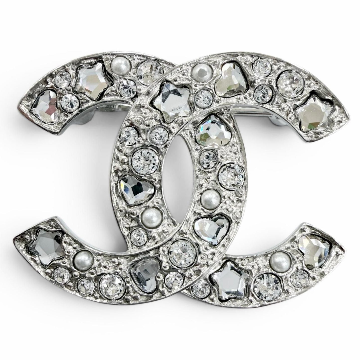 Chanel CC Logo Star Heart Faux Pearl Rhinestone Brooch Silver