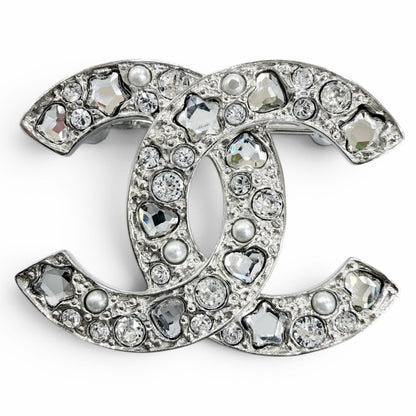 Chanel CC Logo Star Heart Faux Pearl Rhinestone Brooch Silver