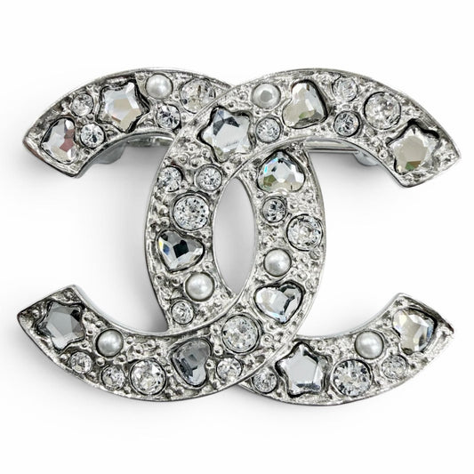 Chanel CC Logo Star Heart Faux Pearl Rhinestone Brooch Silver