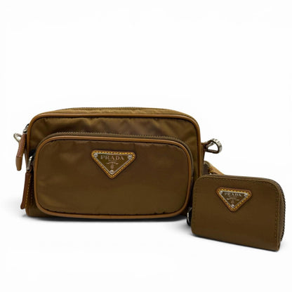 Prada Nylon Leather Triangle Logo Plate Re-Nylon Pouch Shoulder Bag Brown