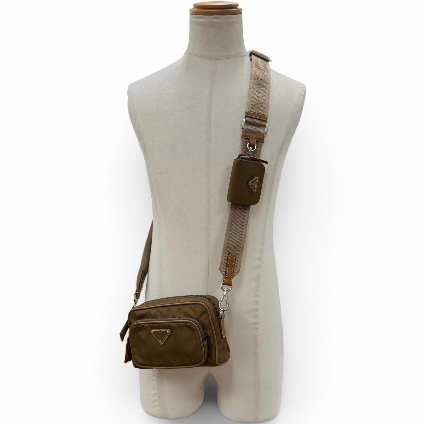 Prada Nylon Leather Triangle Logo Plate Re-Nylon Pouch Shoulder Bag Brown — view 2
