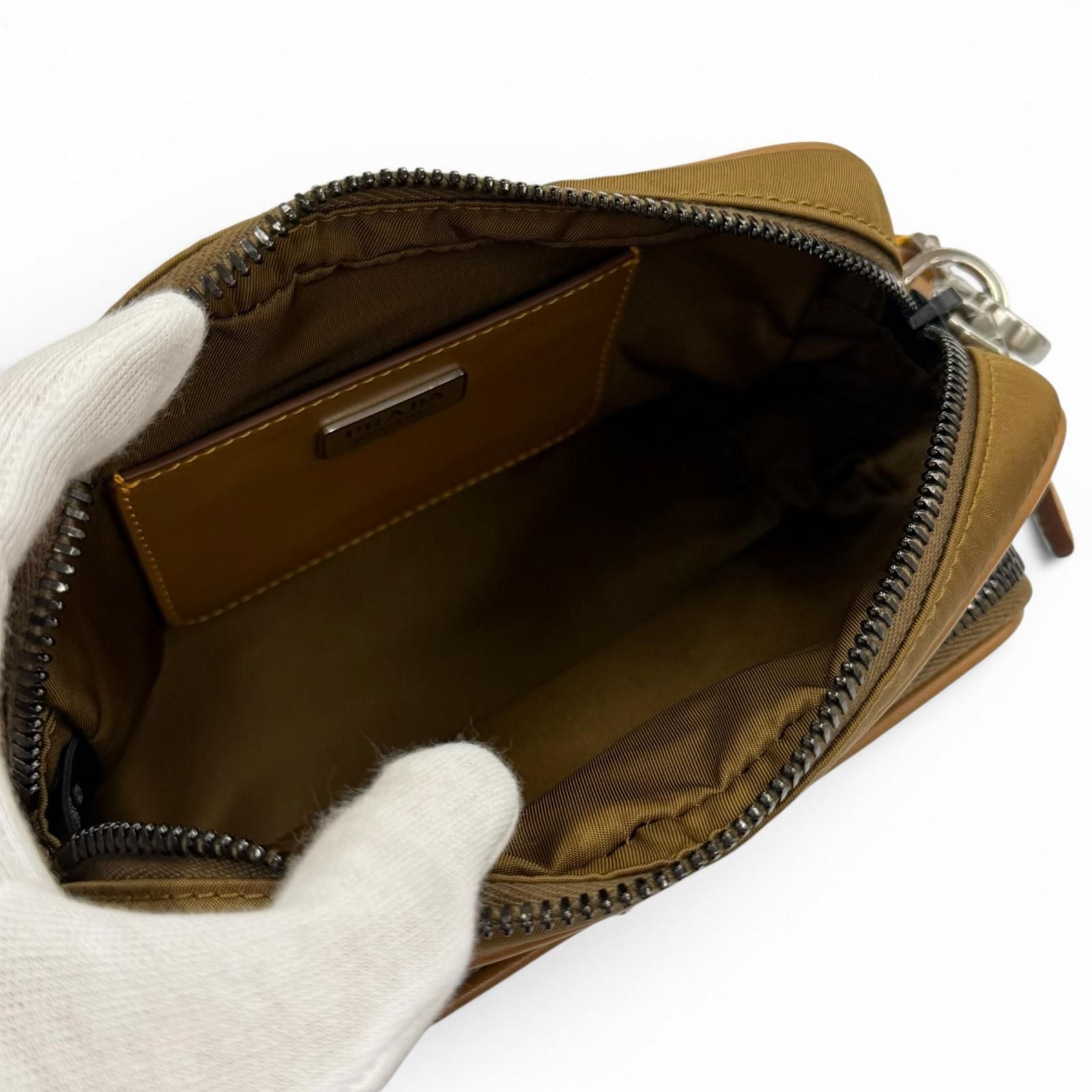 Prada Nylon Leather Triangle Logo Plate Re-Nylon Pouch Shoulder Bag Brown — view 5