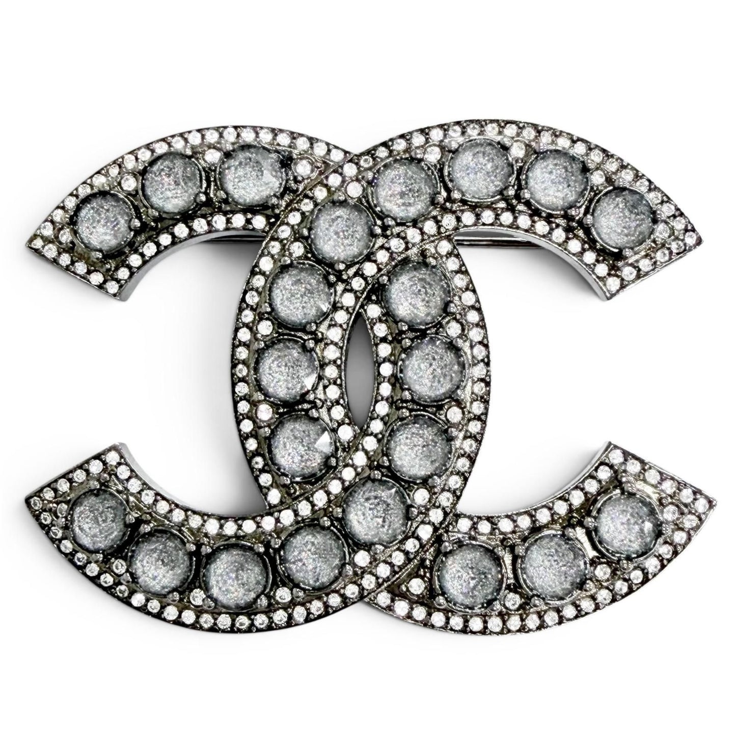 Chanel CC Logo Rhinestone Gunmetal Brooch Silver Recommended