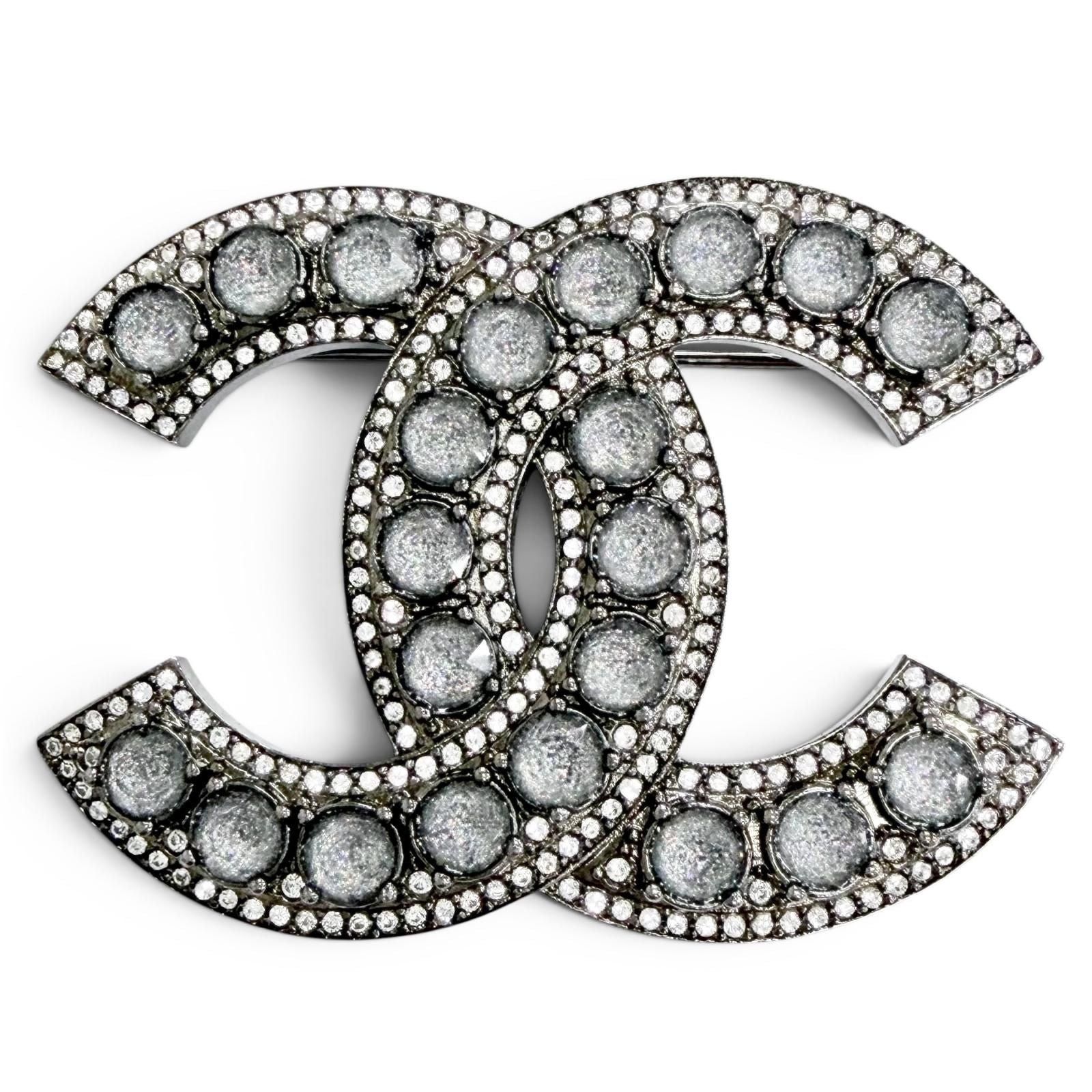 Chanel CC Logo Rhinestone Gunmetal Brooch Silver Recommended