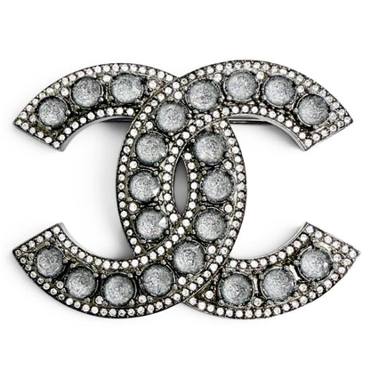 Chanel CC Logo Rhinestone Gunmetal Brooch Silver Recommended