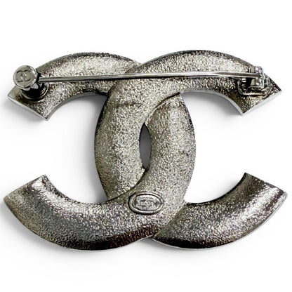 Chanel CC Logo Rhinestone Gunmetal Brooch Silver Recommended — view 3