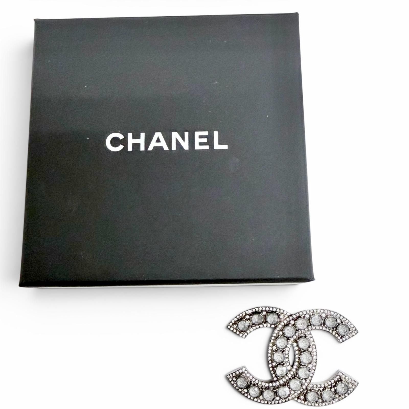 Chanel CC Logo Rhinestone Gunmetal Brooch Silver Recommended — view 2