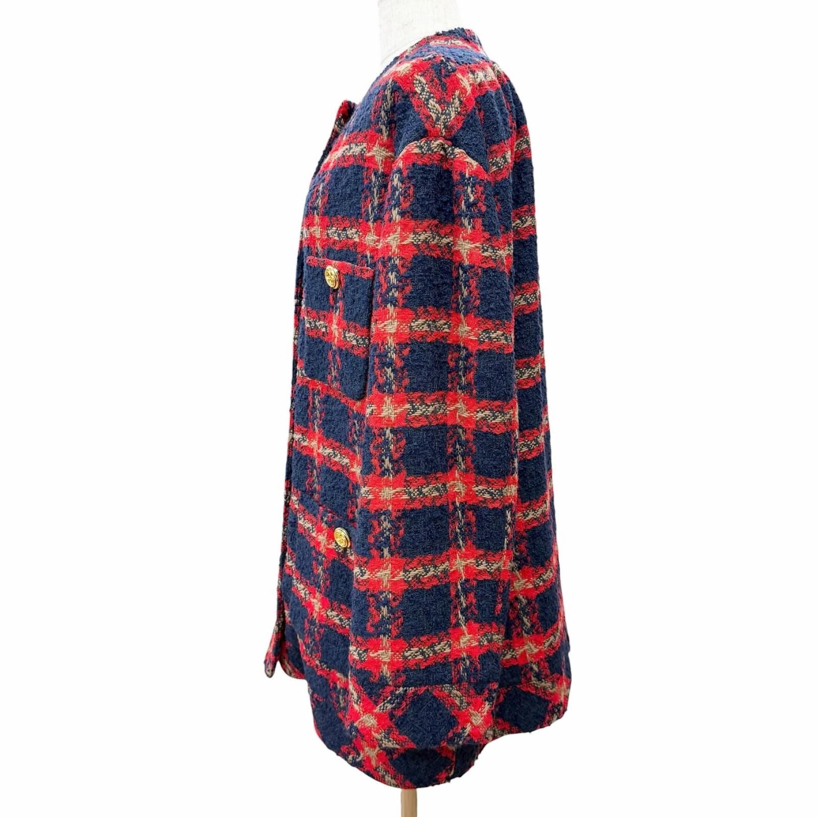 Gucci GG Logo Button Plaid Color Tweed Jacket Navy Red 42 Hanger — view 2