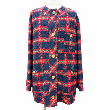Gucci GG Logo Button Plaid Color Tweed Jacket Navy Red 42 Hanger