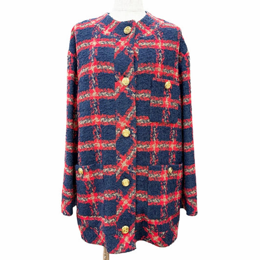Gucci GG Logo Button Plaid Color Tweed Jacket Navy Red 42 Hanger