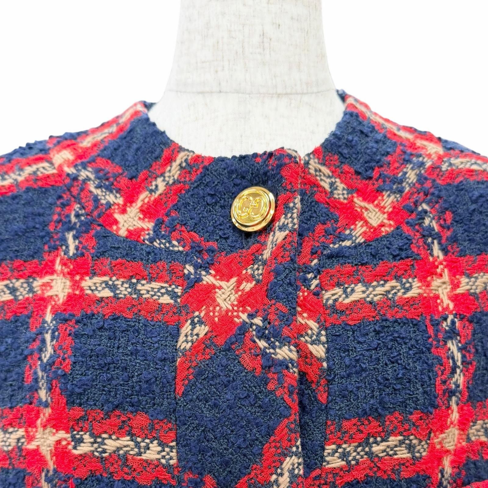 Gucci GG Logo Button Plaid Color Tweed Jacket Navy Red 42 Hanger — view 4