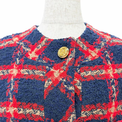 Gucci GG Logo Button Plaid Color Tweed Jacket Navy Red 42 Hanger — view 4