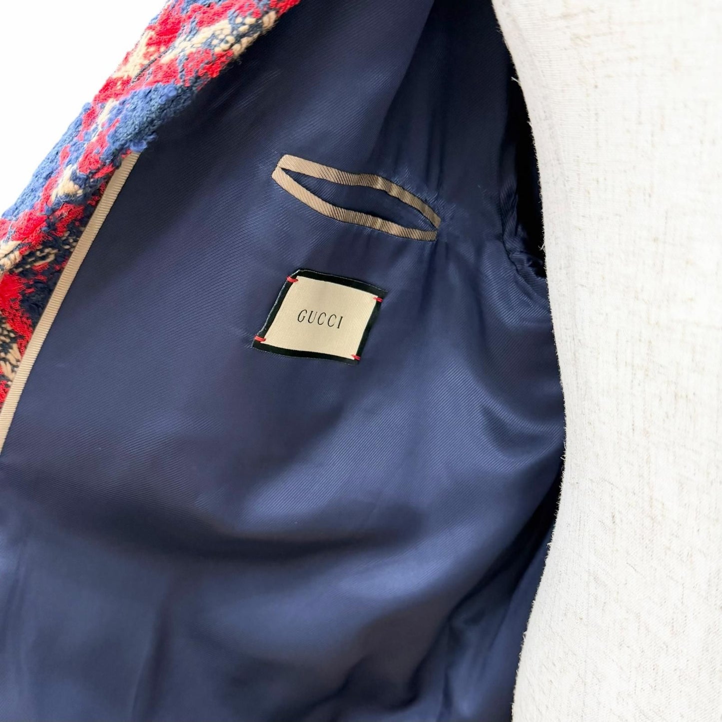 Gucci GG Logo Button Plaid Color Tweed Jacket Navy Red 42 Hanger — view 5