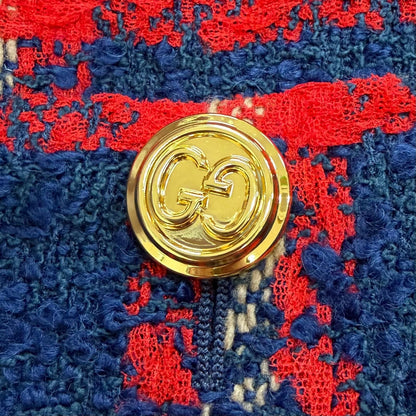 Gucci GG Logo Button Plaid Color Tweed Jacket Navy Red 42 Hanger — view 6