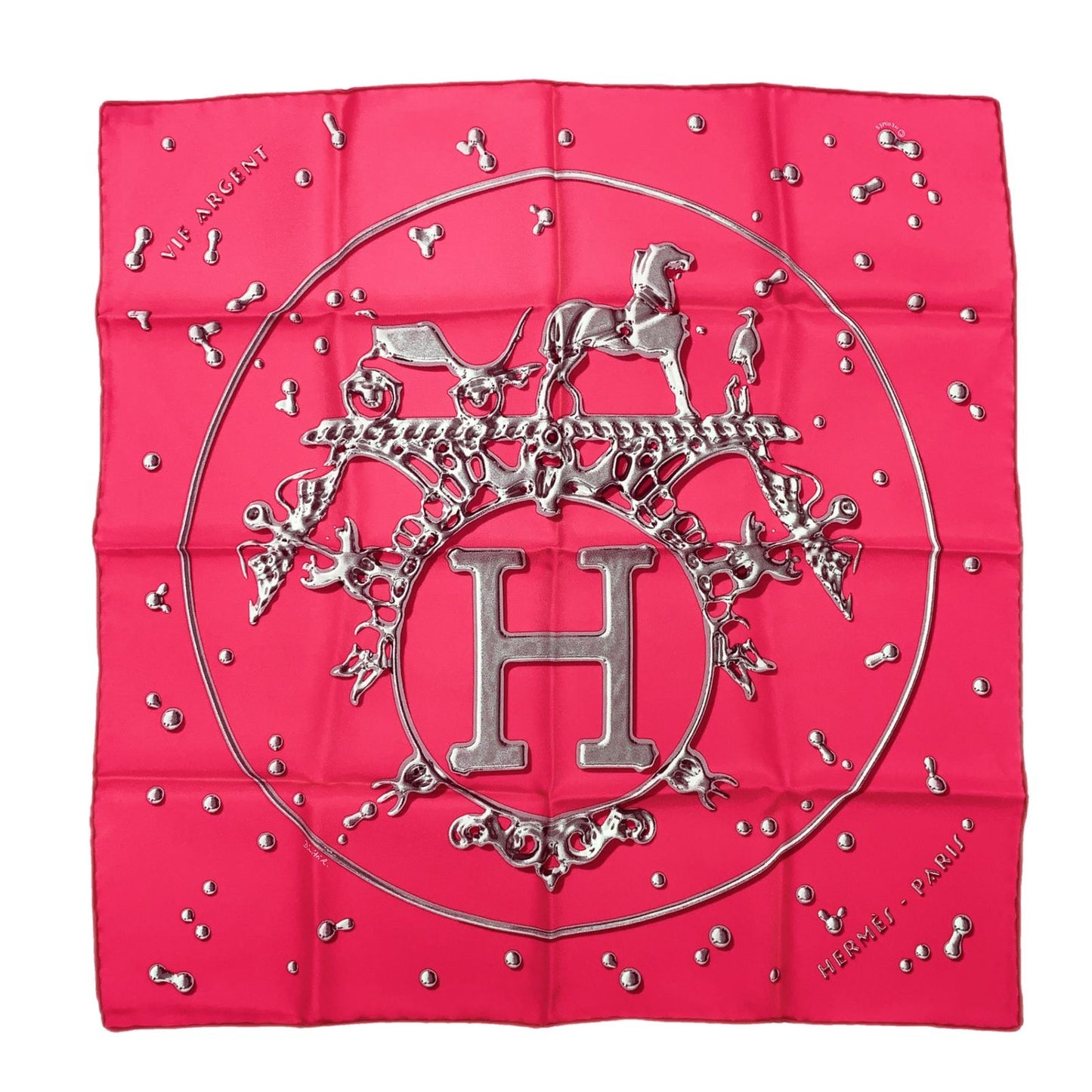 Hermes Carre 45 Vif Argent Silver Shizuku Silk 100% Pink Scarf