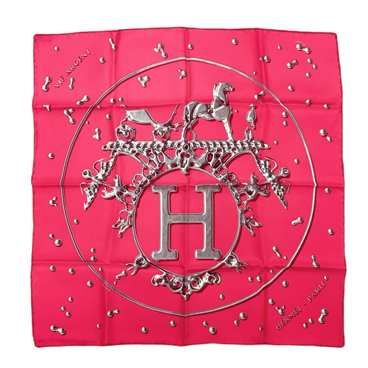 Hermes Carre 45 Vif Argent Silver Shizuku Silk 100% Pink Scarf