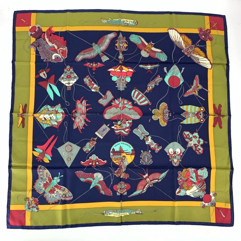 Hermes Carre 90 Soies Volantes Silk Scarf Dancing in the Sky 100% Navy Khaki