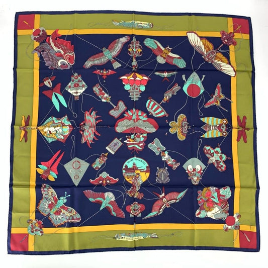 Hermes Carre 90 Soies Volantes Silk Scarf Dancing in the Sky 100% Navy Khaki