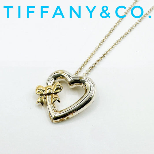 Tiffany & Co Heart Ribbon Silver Yellow Gold Necklace 46 cm