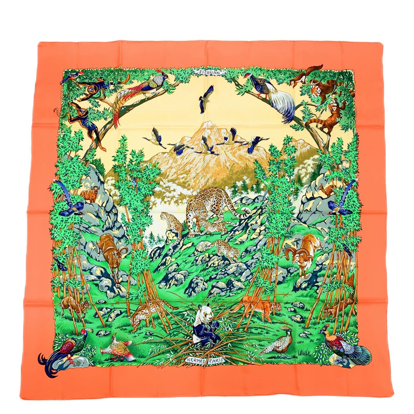 Hermes Carre 90 Sichuan Orange Multicolor Silk Scarf