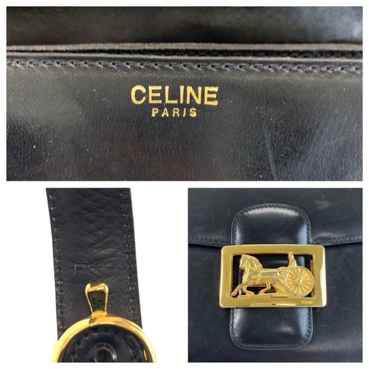 Celine Vintage Horse Carriage Black Gold Leather 09 Shoulder Bag Pochette — view 4