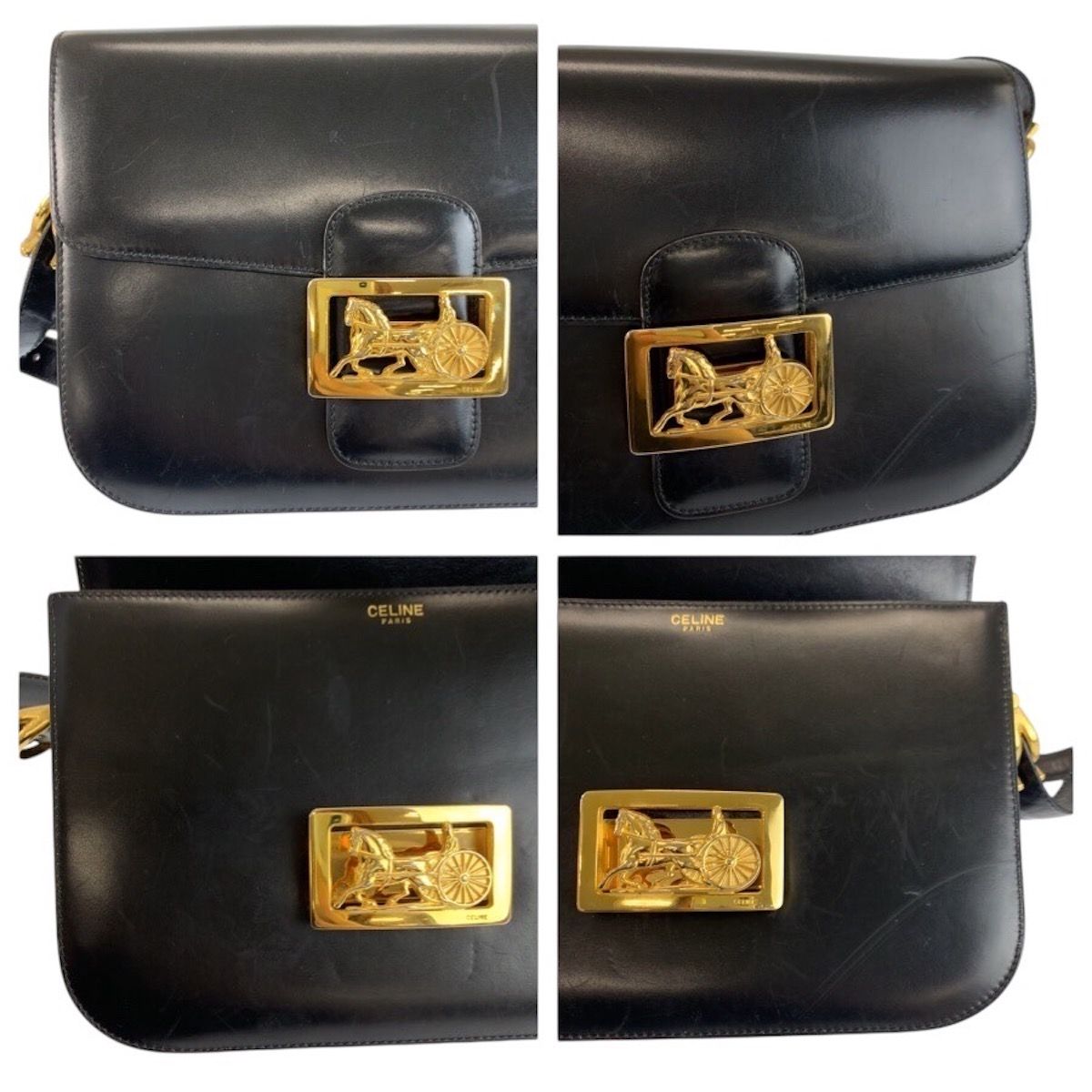 Celine Vintage Horse Carriage Black Gold Leather 09 Shoulder Bag Pochette — view 5