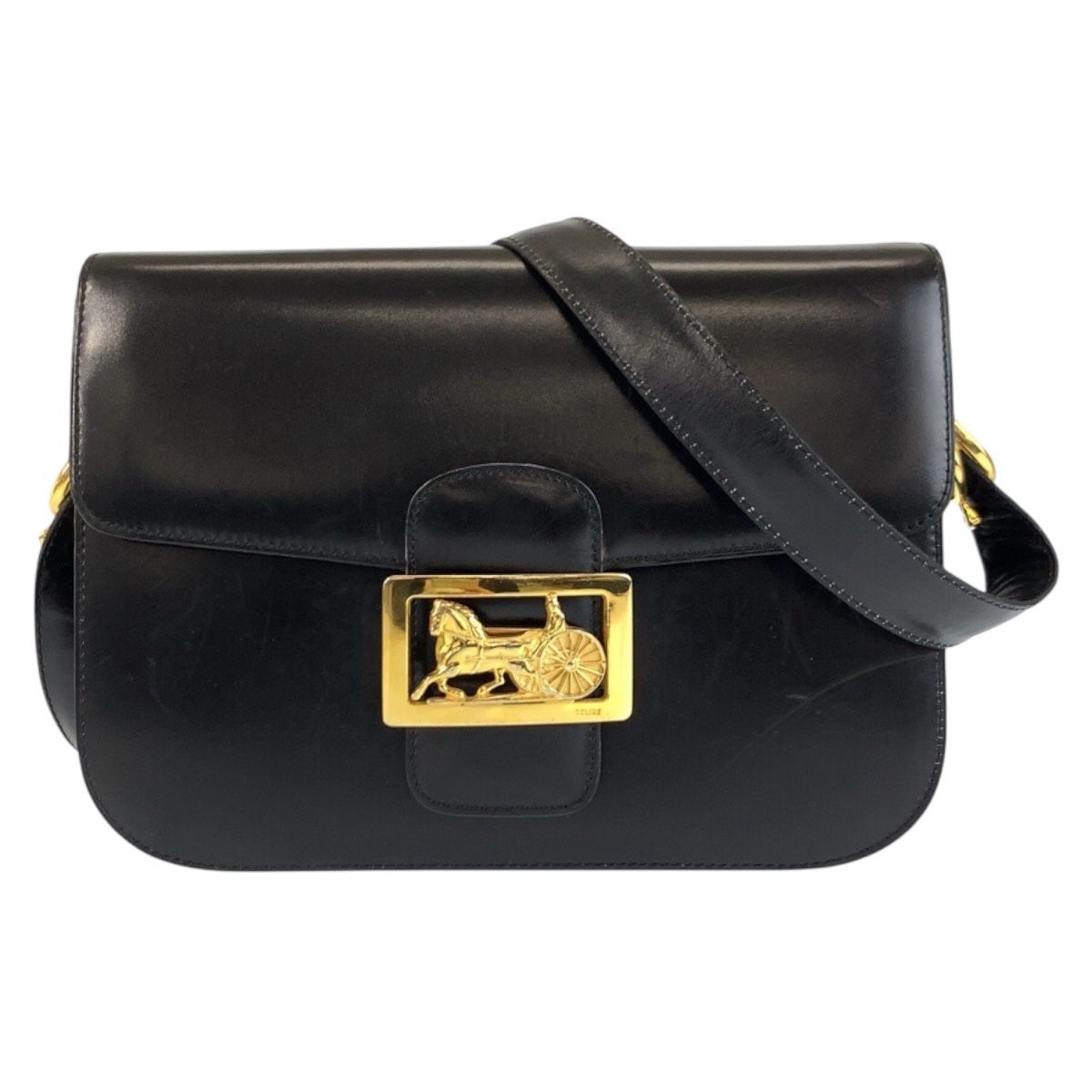 Celine Vintage Horse Carriage Black Gold Leather 09 Shoulder Bag Pochette