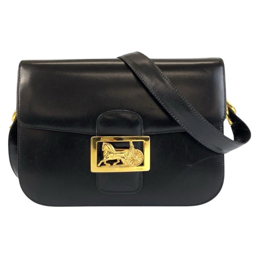 Celine Vintage Horse Carriage Black Gold Leather 09 Shoulder Bag Pochette