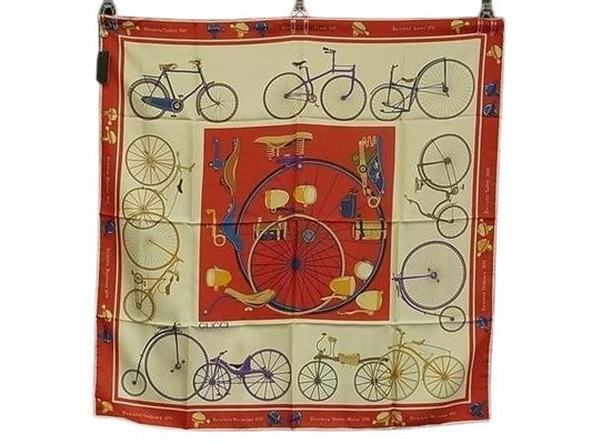 Gucci Scarf Red Multicolor Silk 100% Large Bicycle Pattern