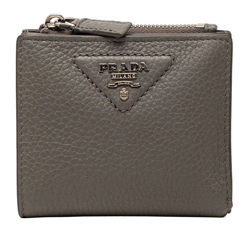 Prada Triangle Logo Bifold Wallet Compact Gray Vitello Daino Leather