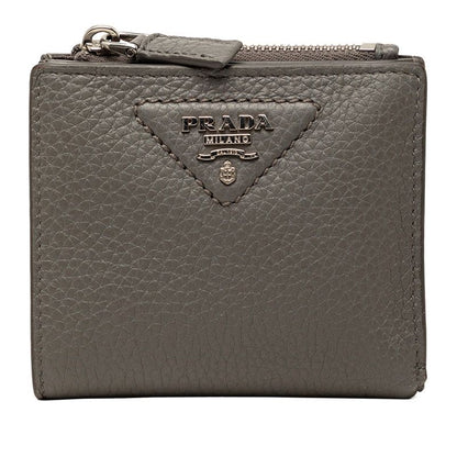Prada Triangle Logo Bifold Wallet Compact Gray Vitello Daino Leather