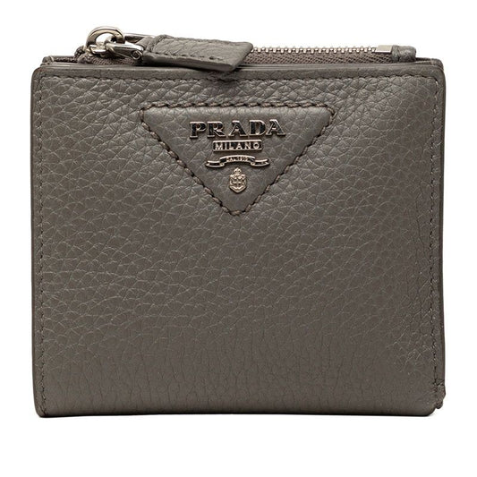 Prada Triangle Logo Bifold Wallet Compact Gray Vitello Daino Leather