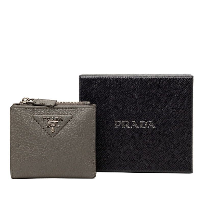 Prada Triangle Logo Bifold Wallet Compact Gray Vitello Daino Leather — view 8