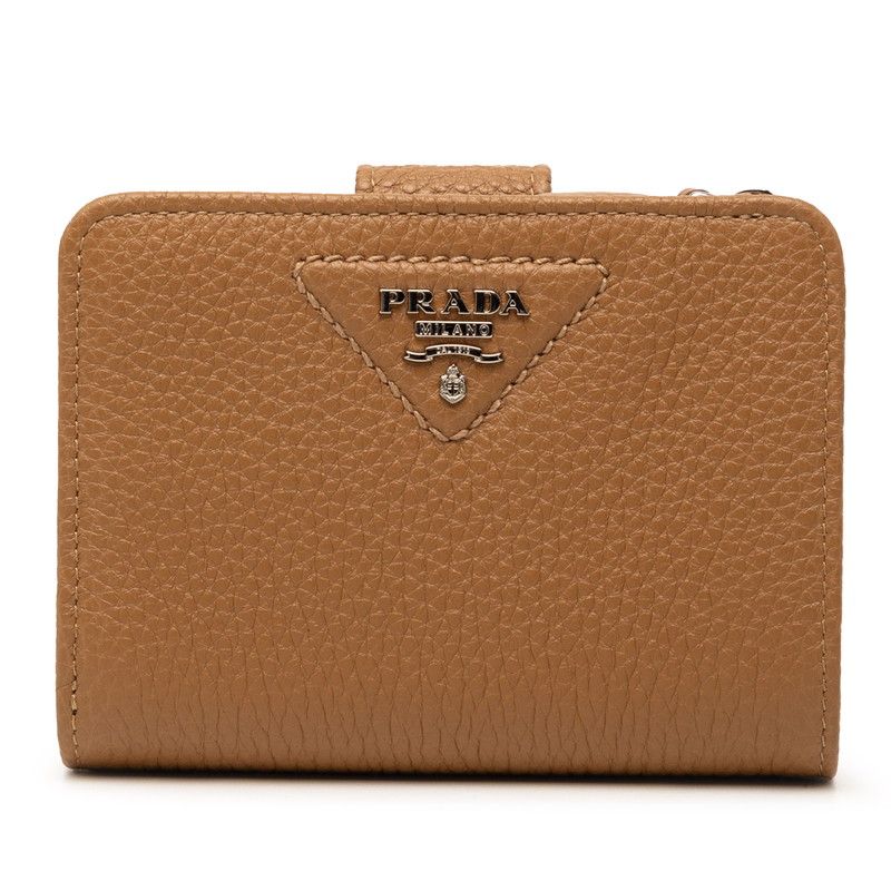 Prada Bifold Wallet Compact Camel Brown Vitello Daino Leather